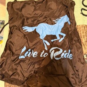 Brown Drawstring Bag with Blue Horse Design